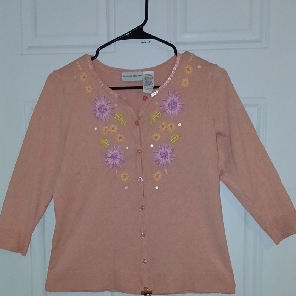 Jaclyn Smith Light Coral Cardigan with Purple Floral Design